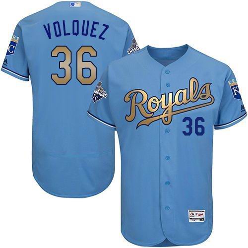 2016 Kansas Royals 36 Volquez skyblue gold Flexbase Authentic Collection men baseball mlb Jersey