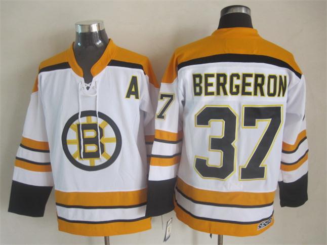 Boston Bruins 37 Patrice Bergeron white yellow CCM men ice hockey nhl jerseys