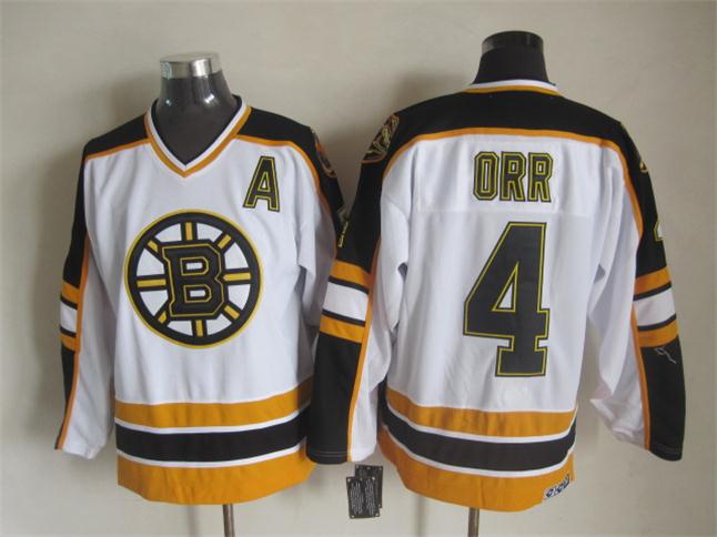 Boston Bruins 4 Bobby Orr white CCM hockey jersey A patch
