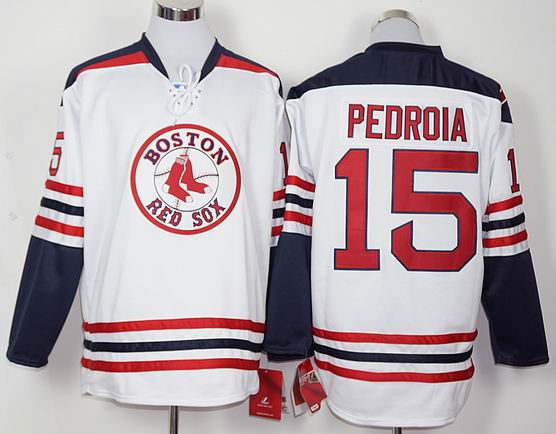 Boston Red Sox Dustin Pedroia 15 white long sleeves men baseball mlb jersey