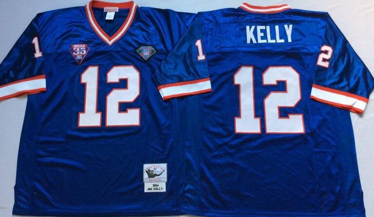 Buffalo Bills 12 Jim Kelly Throwback men blue nfl football Jerseys 75th Patch