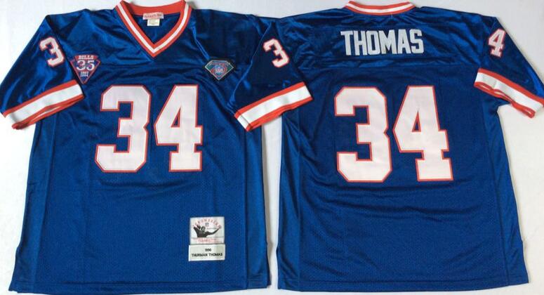 Buffalo Bills Thurman Thomas 34 Throwback men blue nfl football Jerseys 75th patch