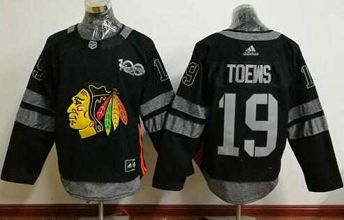 Chicago Blackhawks 19 Jonathan Toews black men ice hockey 100th NHL Jersey