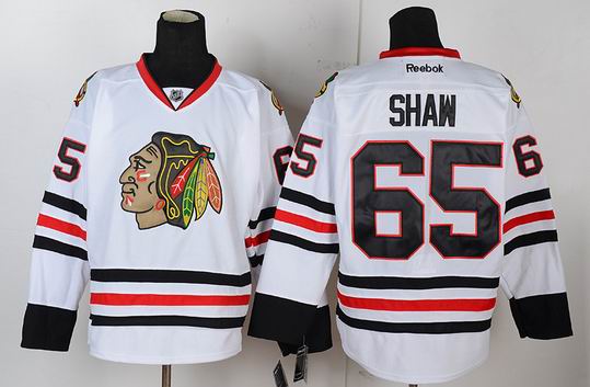 Chicago Blackhawks 65 SHAW white hockey jerseys