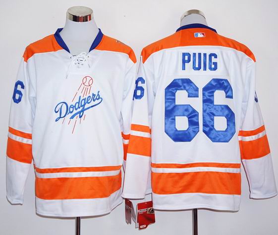 Los Angeles Dodger 66 Yasiel Puig white orange long sleeves men baseball mlb jersey