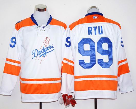 Los Angeles Dodgers 99 Hyun-Jin Ryu white orange long sleeve baseball jersey