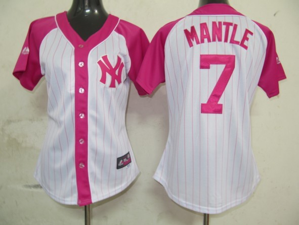 MLB New York Yankees 7 Mantle Womens Pink Splash Fashion Jersey