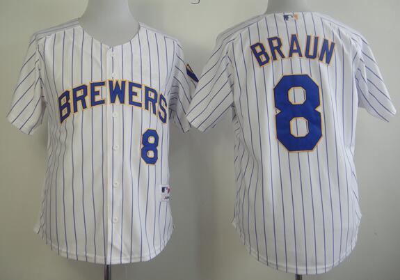 Milwaukee Brewers 8 Ryan Braun White blue men baseball mlb Jerseys