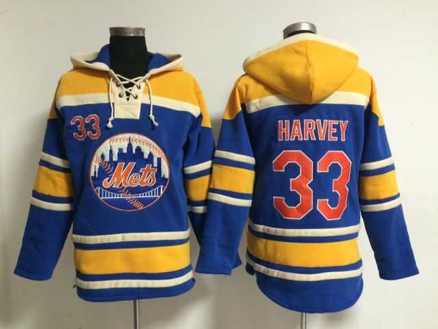 New York Mets #33 Matt Harvey blue yellow Baseball Hooded Sweatshirt