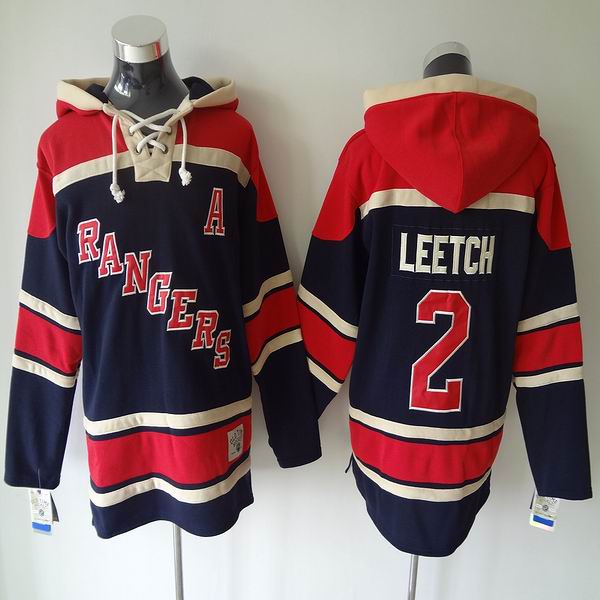 New York Rangers #2 Brian Leetch red dark blue Hockey Hooded Sweatshirt