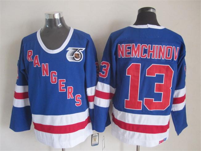 New York Rangers 13 Nemchinov blue CCM ice hockey Jerseys 75th patch