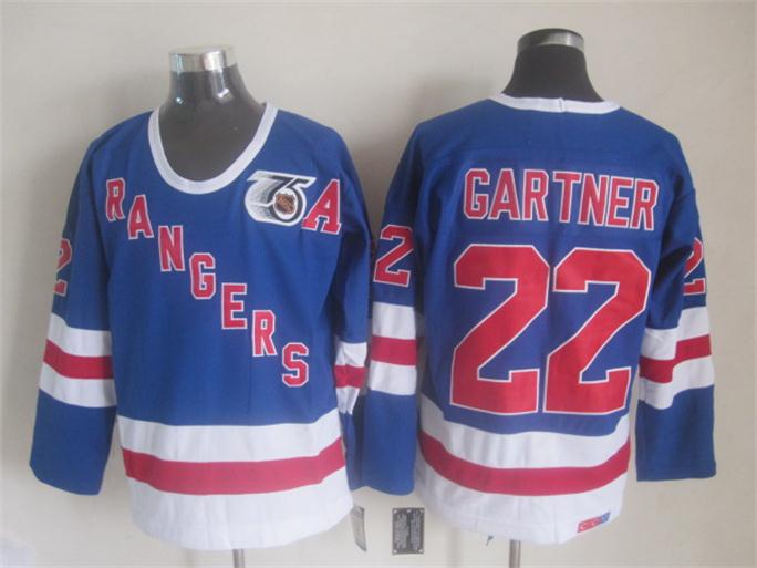 New York Rangers 22 Mike Gartner blue CCM nhl Hockey jerseys 75th A patch