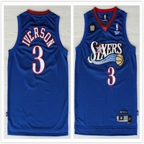 Philadelphia 76ers 3 Allen Iverson blue  10th patch Adidas men nba basketball jerseys