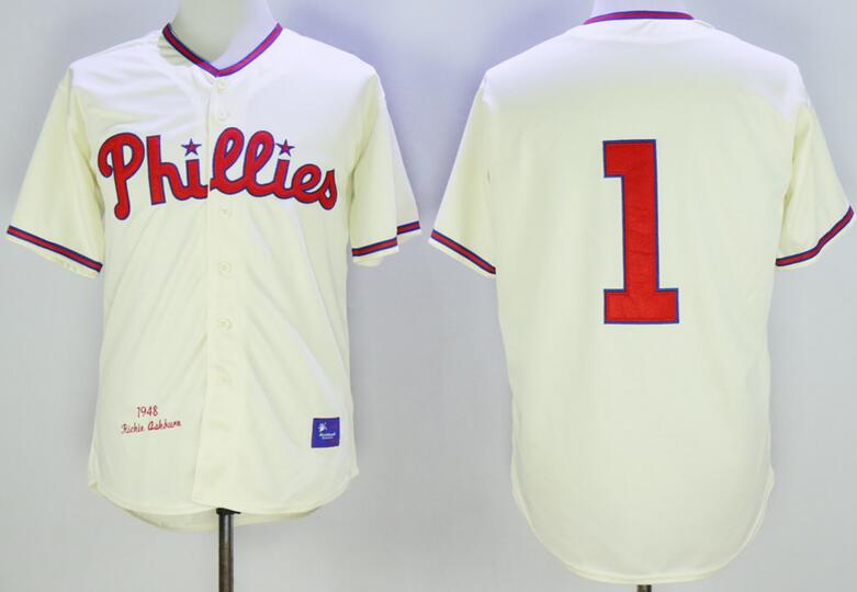 Philadelphia Phillies 1 richie ashburn beige men baseball MLB jersey