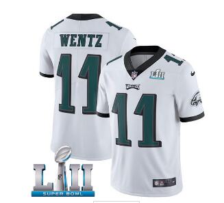 Men's Nike Eagles #11 Carson Wentz White Super Bowl LII Stitched NFL Vapor Untouchable Limited Jersey-001