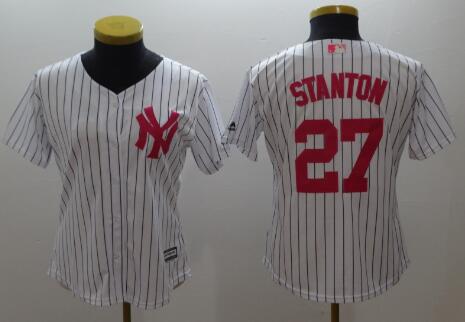 Women's New York Yankees #27 Giancarlo Stanton White Strip Home Stitched MLB Jersey