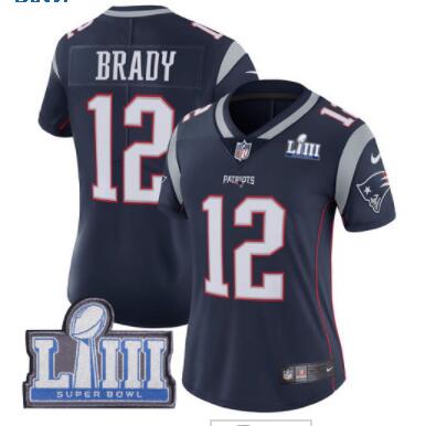 Women's New England Patriots #12 Tom Brady Navy  2019 Super Bowl LIII Bound Limited Jersey-001