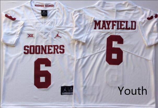 Youth Oklahoma Sooners White 6 MAYFIELD  College Jersey-001