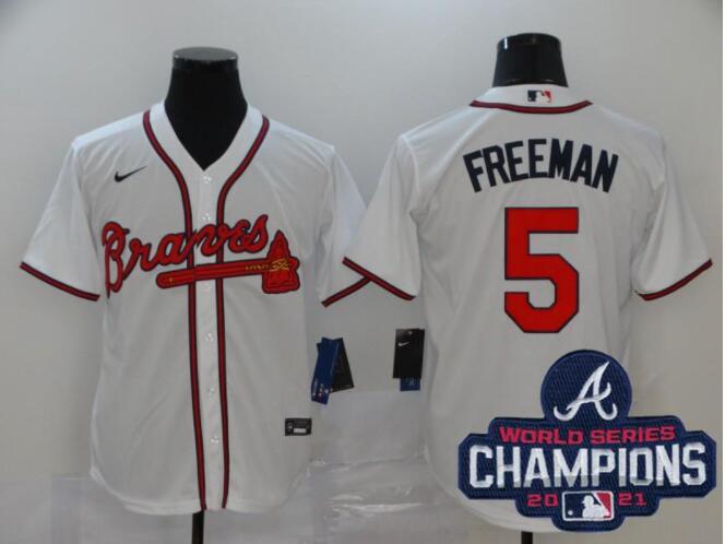 Men Nike Atlanta Braves 5 Freddie Freeman  Stitched Baseball Stitched MLB 2021 Champions Patch Jersey