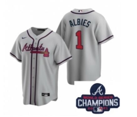 Men Nike Atlanta Braves 1 Ozzie Albies Gray Road Stitched Baseball Stitched MLB 2021 Champions Patch Jersey