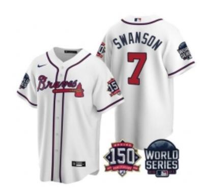 Men Atlanta Braves 7 Dansby Swanson 2021  World Series With 150th Anniversary Patch  Stitched Jersey