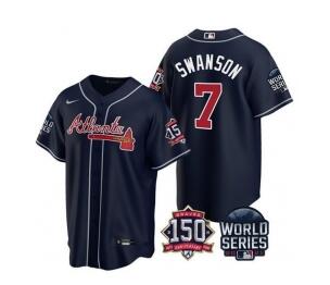 Men Atlanta Braves 7 Dansby Swanson 2021  World Series With 150th Anniversary Patch  Stitched Jersey