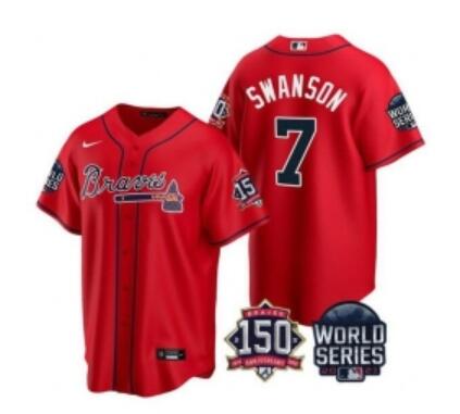 Men Atlanta Braves 7 Dansby Swanson 2021  World Series With 150th Anniversary Patch  Stitched Jersey