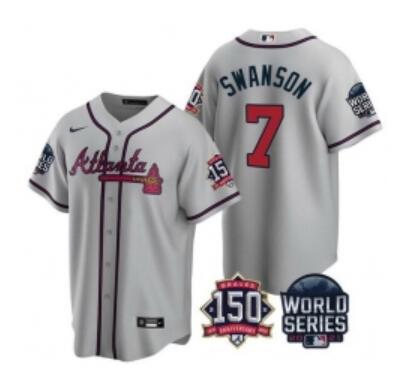 Men Atlanta Braves 7 Dansby Swanson 2021  World Series With 150th Anniversary Patch  Stitched Jersey