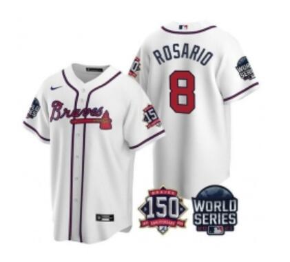 Men Atlanta Braves 8 Eddie Rosario 2021  World Series With 150th Anniversary Patch  Stitched Jersey