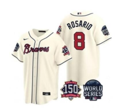 Men Atlanta Braves 8 Eddie Rosario 2021  World Series With 150th Anniversary Patch  Stitched Jersey