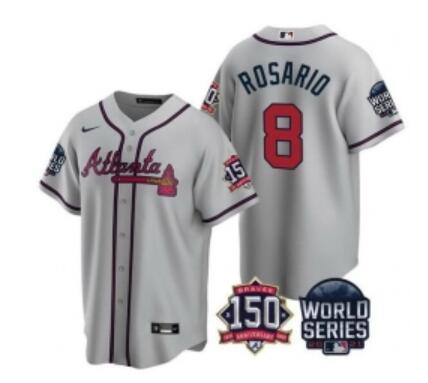 Men Atlanta Braves 8 Eddie Rosario 2021  World Series With 150th Anniversary Patch  Stitched Jersey