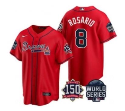 Men Atlanta Braves 8 Eddie Rosario 2021  World Series With 150th Anniversary Patch  Stitched Jersey