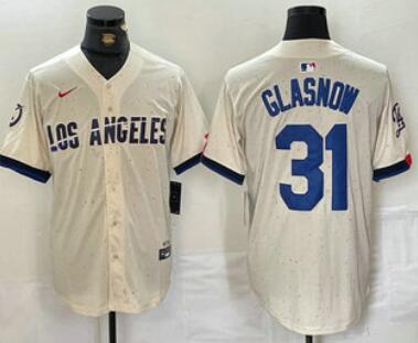 Men's Los Angeles Dodgers #31 Tyler Glasnow Number Cream Blue 2024 City Connect Limited Stitched Jerseys