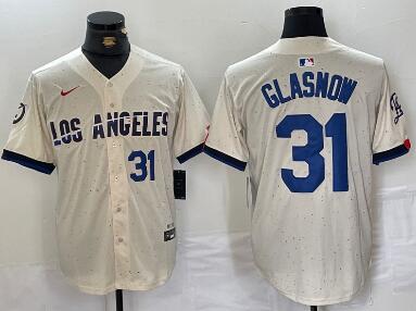 Men's Los Angeles Dodgers #31 Tyler Glasnow Number Cream Blue 2024 City Connect Limited Stitched Jerseys