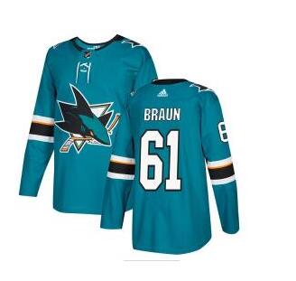 Adidas Sharks #61 Justin Braun Teal Home Authentic Stitched NHL Jersey