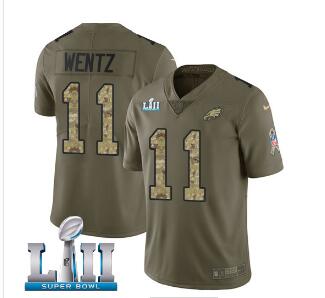 Men's Nike Eagles #11 Carson Wentz Olive Camo Super Bowl LII Stitched NFL Limited 2017 Salute To Service Jersey