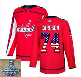 Adidas Capitals #74 John Carlson Red Home  2018 Stanley Cup Champions Flag Stitched NHL Jersey