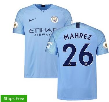 Riyad Mahrez Manchester City Nike 2018/19 Home Stadium Replica Player Jersey – Blue