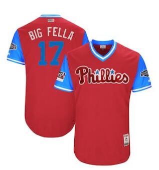 Men's Philadelphia Phillies 17 Rhys Hoskins Big Fella Majestic Scarlet 2018 MLB Little League Classic Authentic Jersey