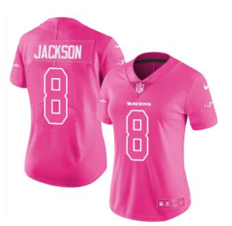 Nike Ravens #8 Lamar Jackson Pink Women's Stitched NFL Limited Rush Fashion Jersey