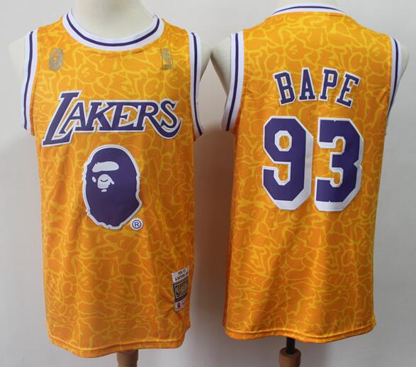 Fashion Bape x Mitchell & Ness Lakers Men's Jersey Golden Color