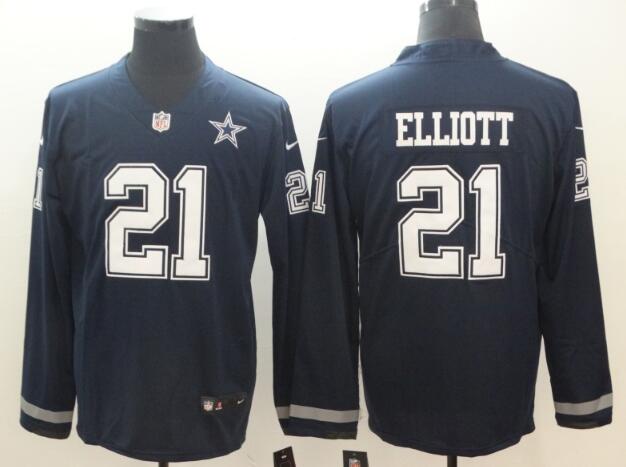 Men Nike Dallas Cowboys 21 Ezekiel Elliott blue Therma Long Sleeve Jersey