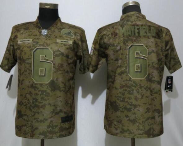 Women New Nike Cleveland Browns 6 Mayfield Nike Camo Salute to Service Limited Jersey