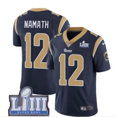 Men's Los Angeles Rams #12 Joe Namath Navy Blue Nike NFL Home Vapor Untouchable Super Bowl LIII Bound Limited Jersey