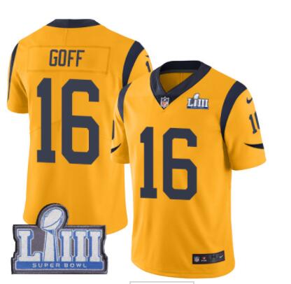 #16 Limited Jared Goff Gold Nike NFL Men's Jersey Los Angeles Rams Rush Vapor Untouchable Super Bowl LIII Bound