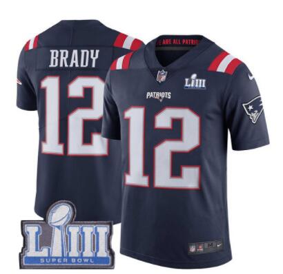 Men's New England Patriots #12 Tom Brady Navy Blue Nike NFL Rush Vapor Untouchable Super Bowl LIII Bound Limited Jersey