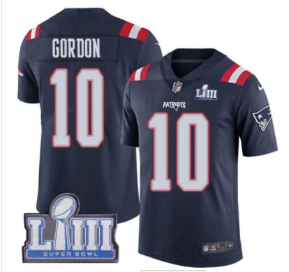 #10 Limited Josh Gordon Navy Blue Nike NFL Men's Jersey New England Patriots Rush Vapor Untouchable Super Bowl LIII Bound