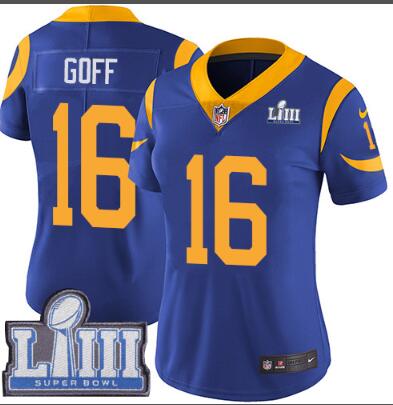 #16 Limited Jared Goff Royal Blue Nike NFL Alternate Women's Jersey Los Angeles Rams Vapor Untouchable Super Bowl LIII Bound