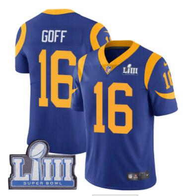 #16 Limited Jared Goff Royal Blue Nike NFL Alternate Youth Jersey Los Angeles Rams Vapor Untouchable Super Bowl LIII Bound