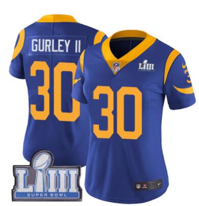 #30 Limited Todd Gurley Royal Blue Nike NFL Alternate Women's Jersey Los Angeles Rams Vapor Untouchable Super Bowl LIII Bound